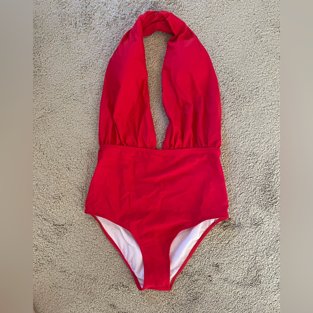 Deep Plunge Red One Piece Halter Swimsuit